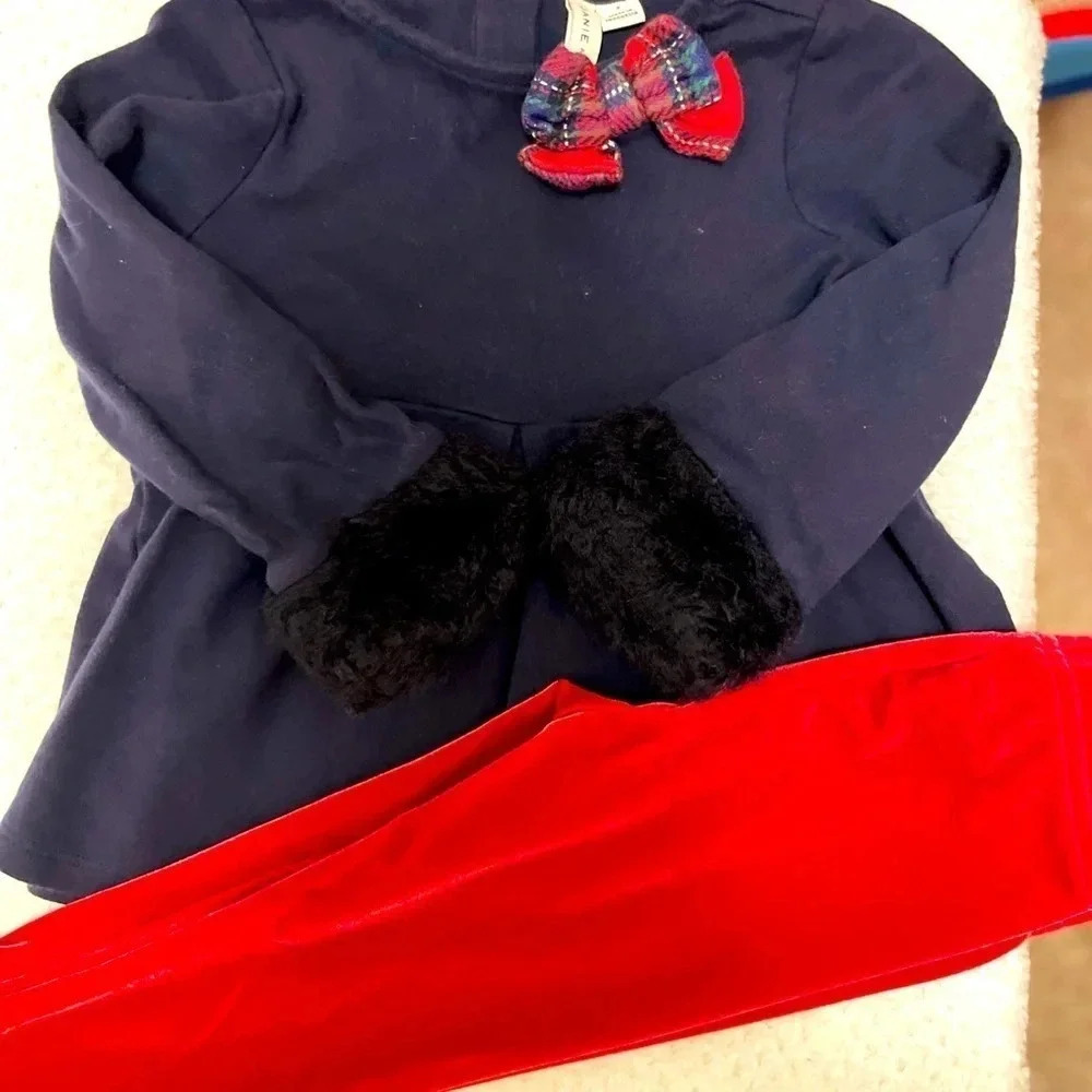 Janie And Jack Toddler Girl Pant Outfit - Black Green Plaid bow velvet size 3T